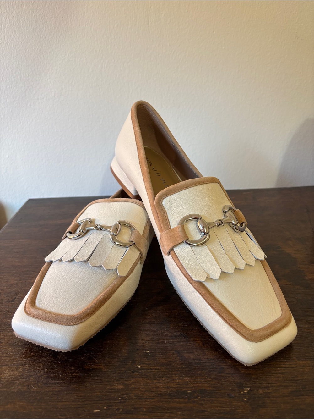 Donald J. Pliner Cream and Tan Leather Fringe Loafers with Silver Bit